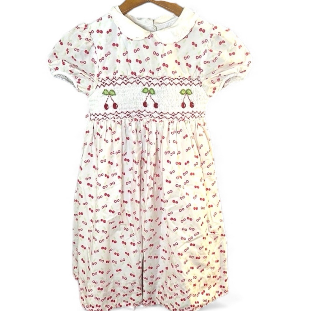 Vtg White Pink Smocked Sundress Puff Sleeves Peter Pan Collar Embroidered Cherry